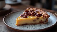Slice of homemade pecan pie with golden custard filling and arranged nuts on top served on rustic ceramic plate, close-up view with selective focus.