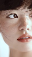 Close-up portrait of Asian woman with freckles, brown eyes, and coral lips against white background, showcasing natural beauty and skin texture.