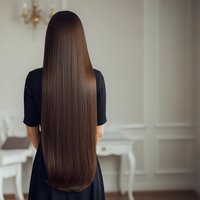 Woman with extremely long straight brown hair viewed from behind in elegant interior room for hair care and beauty concepts.