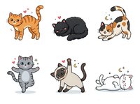 Cute cartoon cats in various playful poses with happy expressions, isolated on white background. Perfect for children's designs, greeting cards, stickers, t-shirts and pet-related projects.