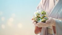 Hands in gloves holding a glass globe with a miniature green world inside, trees and flowers, soft bokeh background, ecology concept.