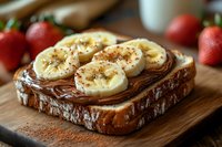 Chocolate spread toast topped with fresh banana slices and cinnamon on wooden board with strawberries for healthy breakfast or snack meal preparation.