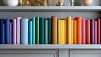 Colorful books arranged in rainbow order on white wooden shelf, creating gradient effect from blue through yellow to red tones. Modern minimalist library decor.