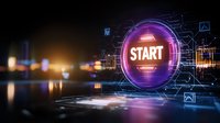 Glowing start button with futuristic circuit pattern and digital interface elements on dark background with neon purple and blue lights. For technology concepts.