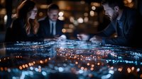 Business professionals analyzing digital city map with glowing data visualization and bokeh lights in dark office environment, modern urban planning concept.