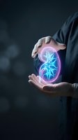 Hands protecting glowing kidney organ with neon light effects for medical healthcare and nephrology concept on dark background.