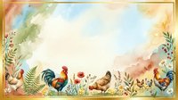Watercolor farm border with rooster and hens among wildflowers, soft pastel background with gold frame, copy space for text or greeting card design.