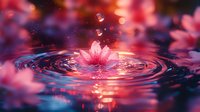 Pink lotus flower floating on rippling water surface with water drops and circular waves, creating magical atmosphere in purple and red tones.