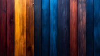Colorful wooden planks background with rich tones of blue, red, and orange creating dramatic vertical stripes pattern. Natural wood texture for interior design.
