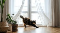 Fluffy tortoiseshell cat stretching on hardwood floor near bright window with sheer curtains and green houseplants in cozy home interior.