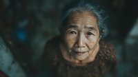 Portrait of smiling elderly Asian woman with gray hair and wrinkled face looking up at camera in warm indoor lighting for lifestyle and aging concepts.