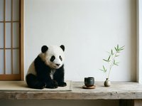 Cute giant panda cub sitting on a wooden surface beside a ceramic cup and bamboo plant in a minimalist Japanese-style interior.