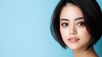 Young Asian woman with short black bob hairstyle, natural makeup, and confident expression against light blue background, suitable for beauty and fashion advertising.
