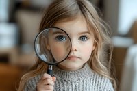 Young Caucasian girl with blonde hair and bright blue eyes holds magnifying glass up to her face while wearing gray knit sweater, creating curious investigative mood.