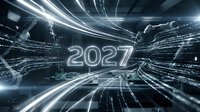 Young professional male, Caucasian ethnicity, wearing business attire, stands confidently in futuristic digital environment with glowing neon lines and data streams surrounding him, representing innovation and future technology for 2027.