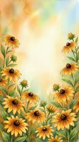 Watercolor black-eyed Susan flowers framing a soft glowing background, warm yellow and orange tones, green leaves, copy space for text or greeting cards.