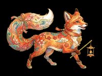 Ornate fox with floral patterns and lantern, isolated on transparent background. Great for t-shirt design, stickers, clipart, print on demand, and sublimation projects.