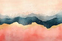 Abstract mountain landscape with gold accents on coral pink and teal blue background, featuring dreamy silhouettes and starry night sky effect.