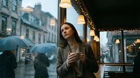 Young Caucasian woman holding coffee cup gazing through rainy cafe window, pensive mood, warm bokeh lights contrast cold wet city street.