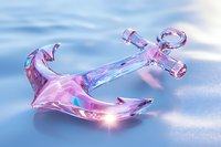 Pink crystal anchor with iridescent reflections on blue background, maritime decorative element glowing with magical light effects and rainbow highlights.