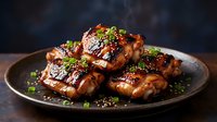 Grilled glazed pork ribs with sesame seeds and fresh herbs on dark plate. Barbecue meat dish with caramelized sauce for restaurant menu and cooking content.