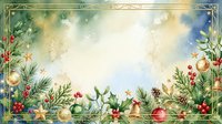 Festive holiday border with evergreen branches, gold stars, ornaments, and red berries on watercolor background. Perfect for seasonal greeting cards and holiday designs.
