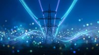 Electric power transmission tower with glowing neon light trails and bokeh effects on dark blue background, symbolizing smart energy grid.
