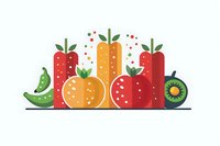 Fresh fruits and vegetables lined up in flat design style with textured details and dots, featuring peppers, bananas, oranges, apples, and kiwi on white background.