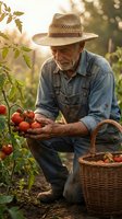 Senior Caucasian farmer in straw hat harvesting fresh red tomatoes from garden plants during golden hour sunset with wicker basket for organic farming concept.