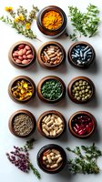 Natural supplements, vitamins, herbs and medicinal capsules in wooden bowls with fresh healing plants on white background, top view composition for wellness.