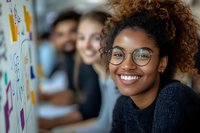 Smiling young African American woman with curly hair and glasses in office environment with colleagues and sticky notes in background.