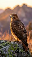 Brown hawk perched on moss-covered rock at sunset with mountain backdrop. Wildlife and nature photography for editorial and commercial use.