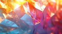 Colorful crystal macro photography with vibrant orange, pink, blue and purple hues creating abstract geometric shapes and light refractions in close-up view.