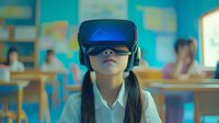 Young Asian schoolgirl wearing VR headset in bright classroom, exploring virtual reality technology in modern education environment.