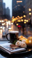 Cozy evening atmosphere with coffee cup, white roses, and book by window overlooking rainy city street with bokeh lights, candlelight creates warm ambiance.