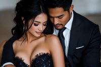 Intimate portrait of elegant Asian woman in black lace dress and Hispanic man in suit sharing romantic moment. Luxury wedding or engagement photography concept.