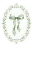 Watercolor sage green bow inside ornate oval floral frame, soft vintage style, isolated on white background for cards and prints.