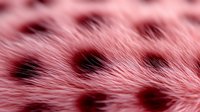 Pink fluffy fur texture with dark spots creates soft luxurious background pattern. Natural animal print design element for fashion and textile projects.