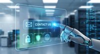 Robotic hand touching transparent digital interface with contact us button and security icons in modern data center for business automation.