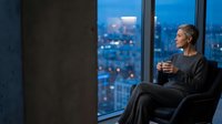 Young African American businesswoman relaxing in modern office chair with coffee cup, gazing through floor-to-ceiling windows at illuminated city skyline at dusk.