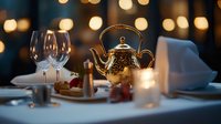 Elegant table setting with golden teapot, wine glasses and soft bokeh lights creating romantic dining atmosphere for special occasions and celebrations.