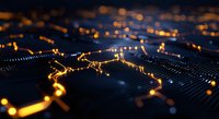 Glowing orange circuit paths on dark background with selective focus creating futuristic technology network visualization. Modern digital concept.