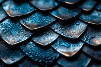 Metallic dragon-like scales with water droplets in blue tones create dramatic pattern. Macro photography reveals detailed texture of overlapping surfaces.