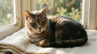 Tabby cat resting on white blanket by sunny window with Christmas tree lights in background creating cozy holiday atmosphere for pet and home decor.