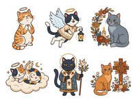 Cute cats with halos, wings, and religious symbols isolated on white background. Cartoon feline characters for t-shirt designs, stickers, and clipart applications.