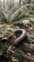 Millipede crawling on moss-covered log in tropical rainforest with ferns and natural sunlight filtering through canopy for nature education content.