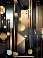 Luxurious geometric art deco pattern with gold spheres, metallic lines, and abstract shapes on black background creates elegant modern design for luxury packaging.