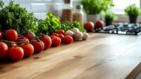 Fresh cherry tomatoes and herbs on wooden kitchen counter with natural lighting, creating appetizing cooking scene for food blogs and recipe websites.
