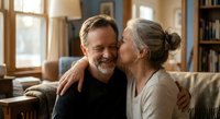 Happy mature couple sharing intimate moment at home, woman kissing man's cheek in cozy living room with warm natural light and bookshelves in background.