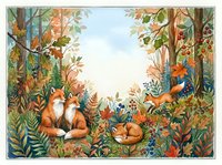 Watercolor autumn forest scene with foxes resting among colorful foliage, berries, and trees, evoking a cozy woodland atmosphere for cards and prints.